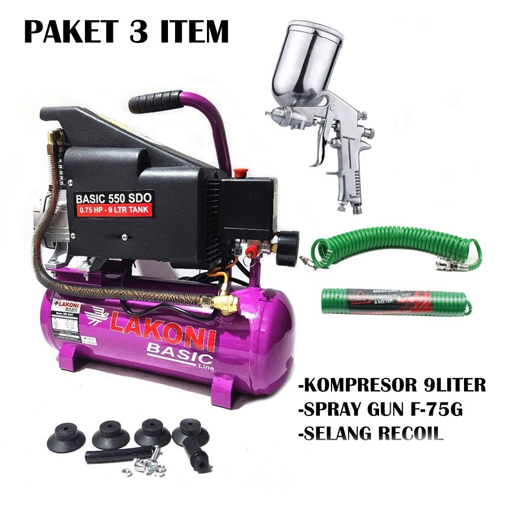 PAKET LAKONI KOMPRESOR 9 LITER Mesin Kompresor Listrik Dengan selang recoil 6meter air chuck dan SPR