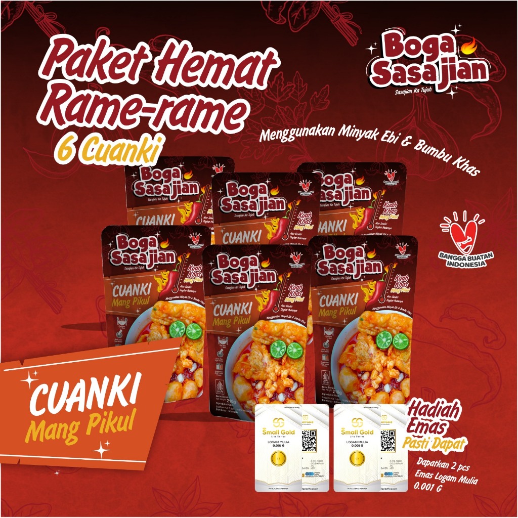 

PAKET HEMAT RAME RAME 6 CUANKI MANG PIKUL BOGA SASAJIAN || HADIAH 2 EMAS LOGAM MULIAH 0.001 G Kuah Instan Pedas