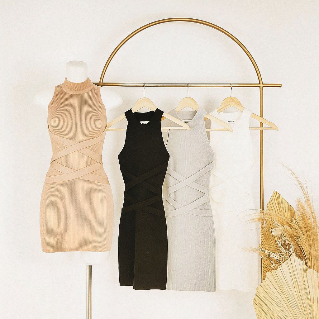 [Hallyu]  Mini Dress Wanita Bodycon List Halter Neck Knit Kekinian | Dress Press Body Tanpa Lengan L