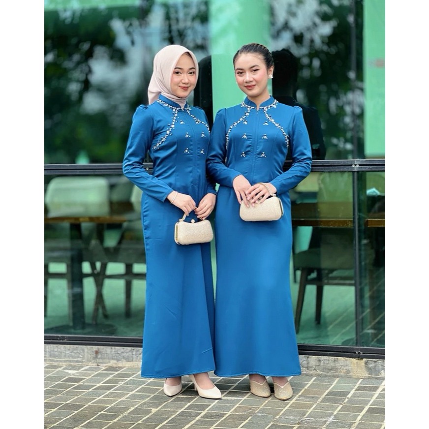 Kinan Dress Bridesmaid Kondangan Wisuda Bahan Satin Gamis Polos Pesta Modern Payet Mutiara Muslim
