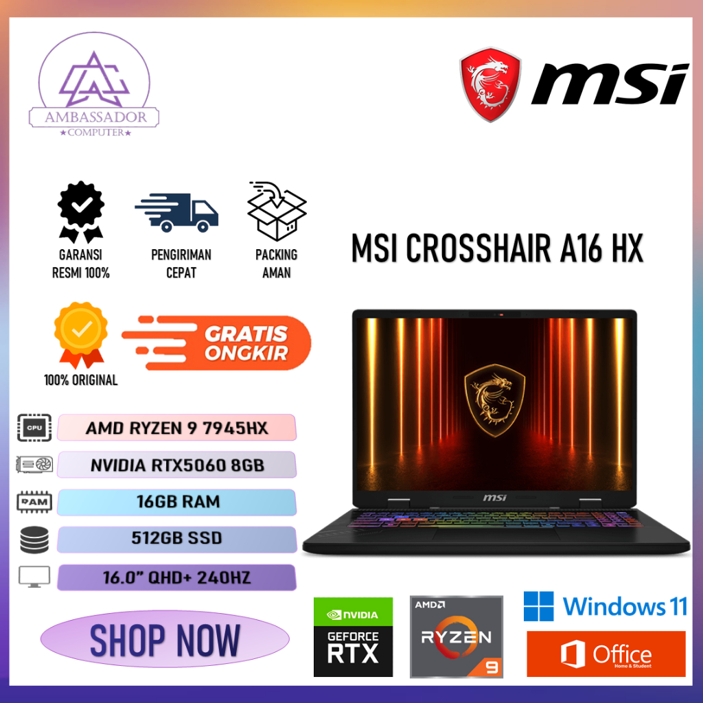 MSI Crosshair A16 Hx Ryzen 9 7945Hx Rtx5060 8gb ram 16gb Ssd 512GB layar 16.0" Qhd+ 240Hz