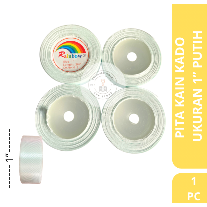 

[1 PC] Pita Kain / Pita Satin Tebal Warna Putih Ukuran 1 Inch Panjang 18 Meter Rainbow