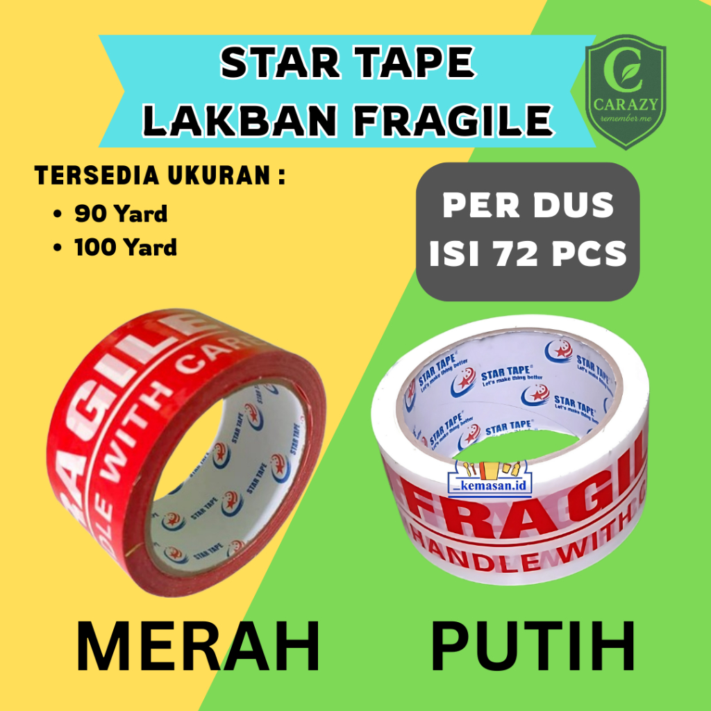 

Star Tape Lakban Fragile 48mm x 100 yard Per Dus isi 72 Pcs| Lakban Fragile Handle With Care Merah/Putih | Perekat Fragile Kuat Tahan Lama Untuk Packing dan Pengiriman