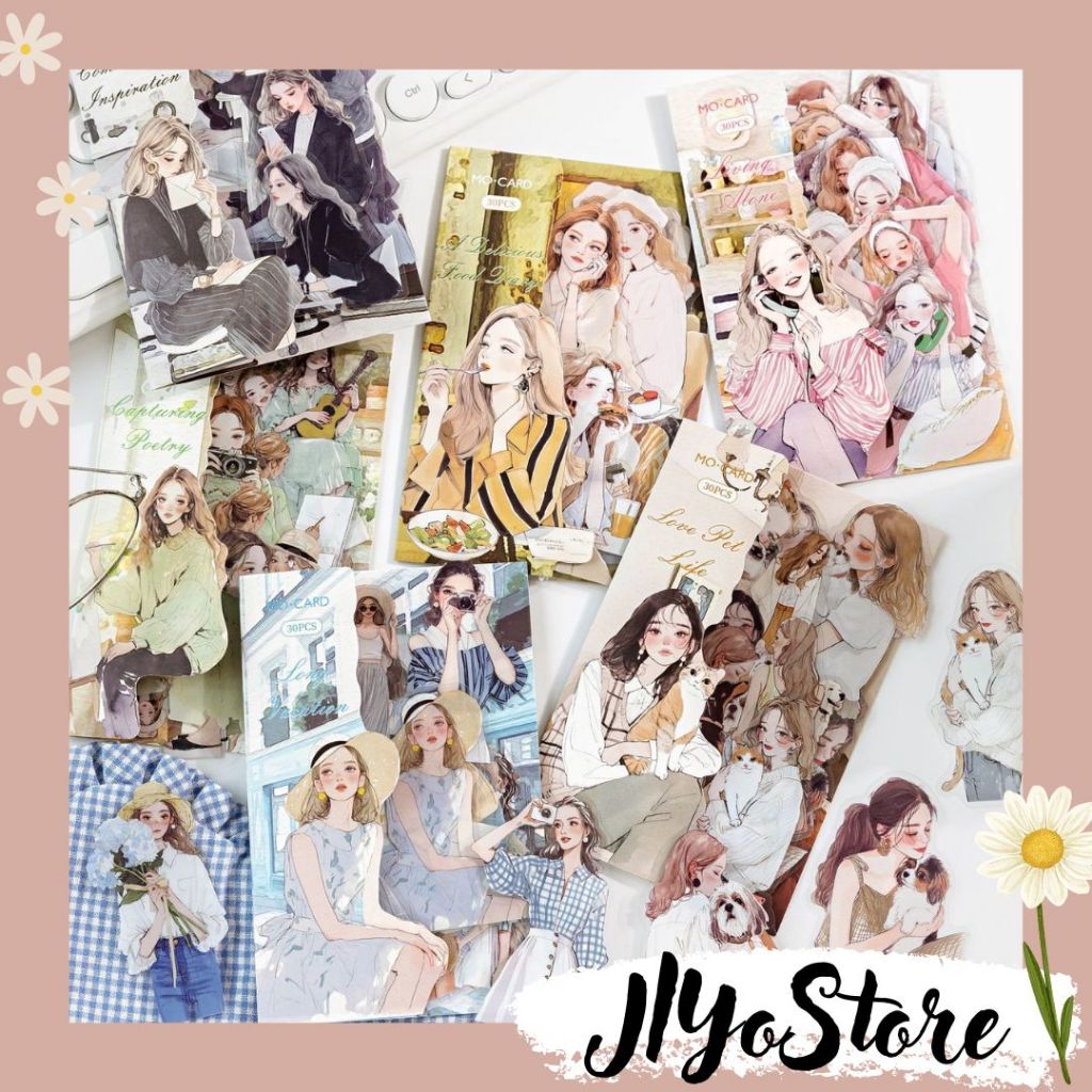 

30pcs Stiker Sticker OOTD Girl Activity Anti Air Bujo Journaling Scrapbook Aesthetic Vintage Lucu