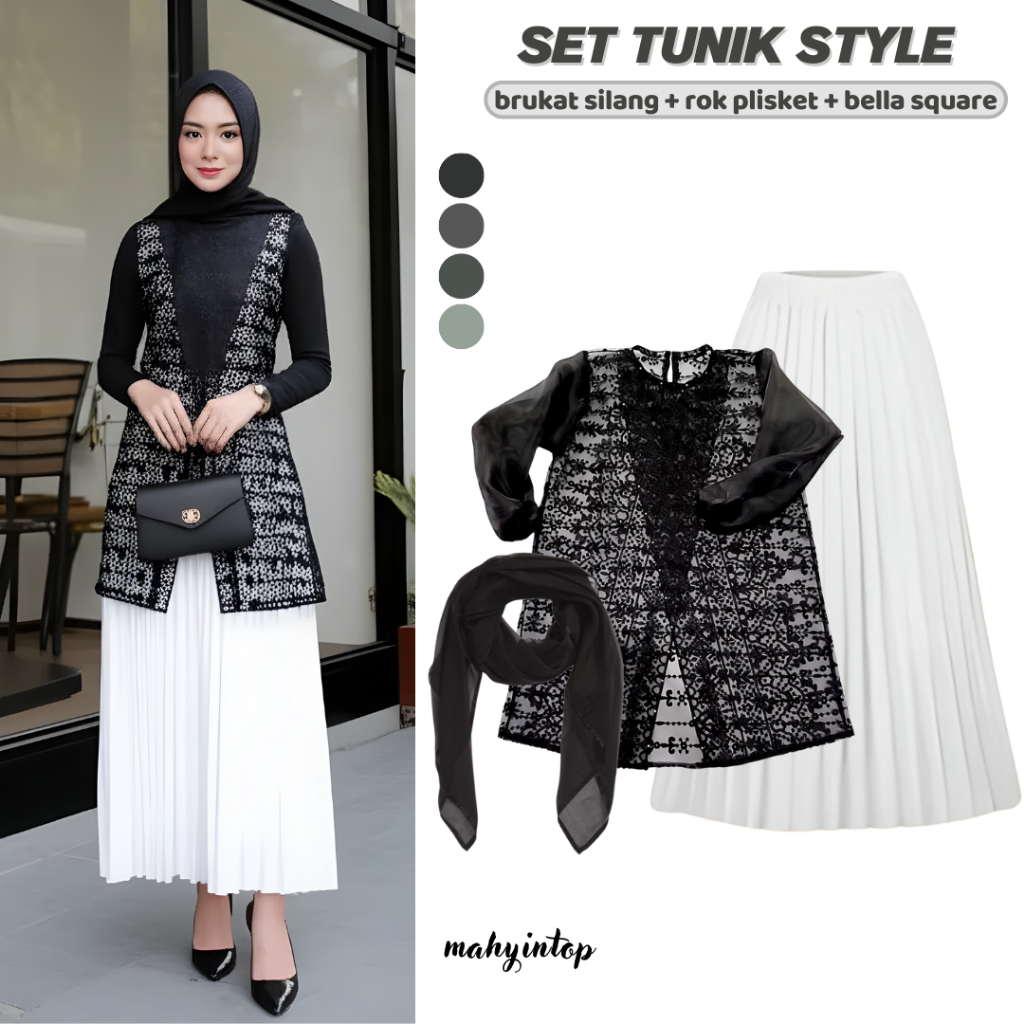 Ootd Wanita | Oneset Kondangan 4in1 | Brokat Silang + Rok Plisket + Manset + Hijab | Hari Raya Wisud