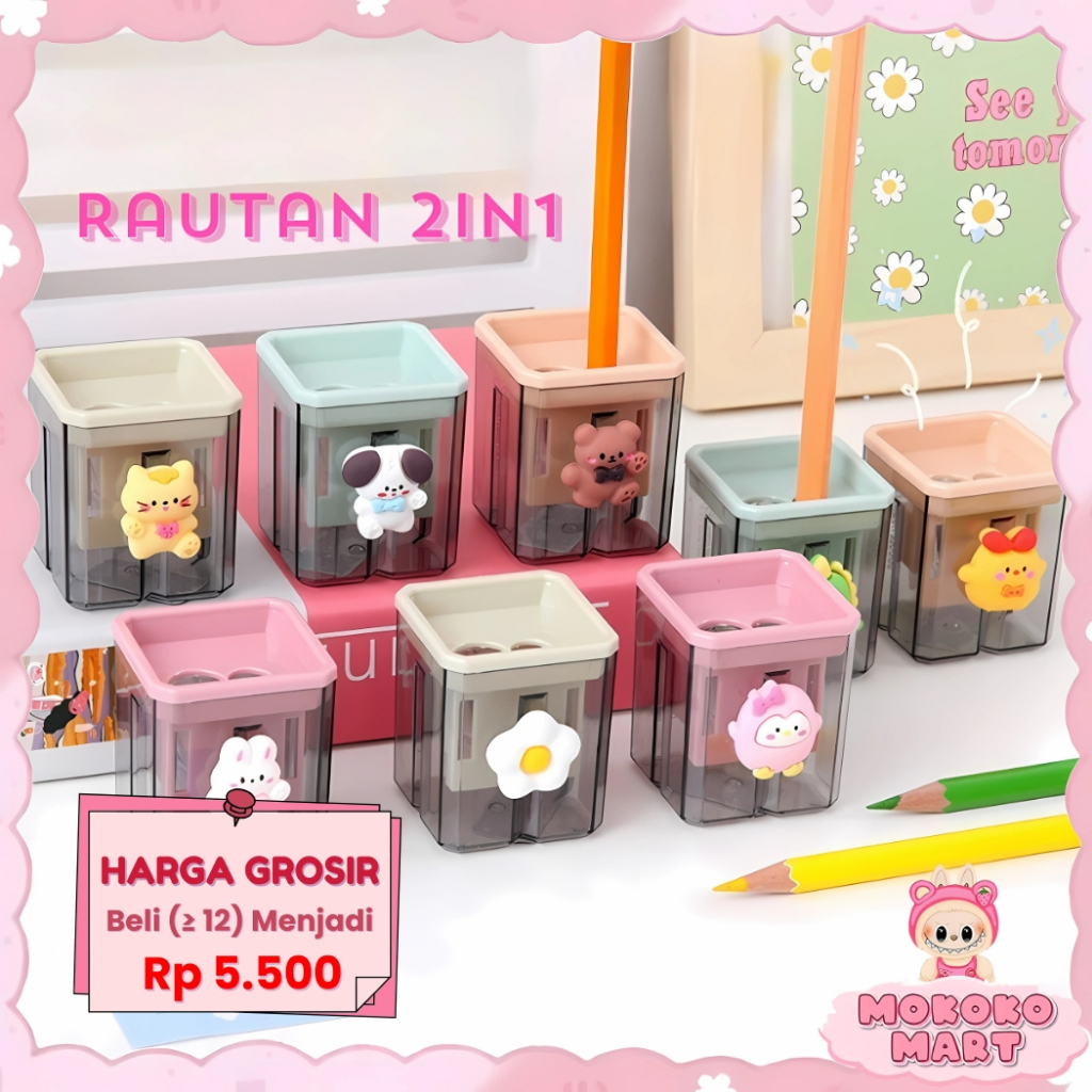 

MM Rautan Serutan Pensil Putar Sharpener 2 Lubang Karakter Rautan Dengan Penutup Rautan Tabung AT32