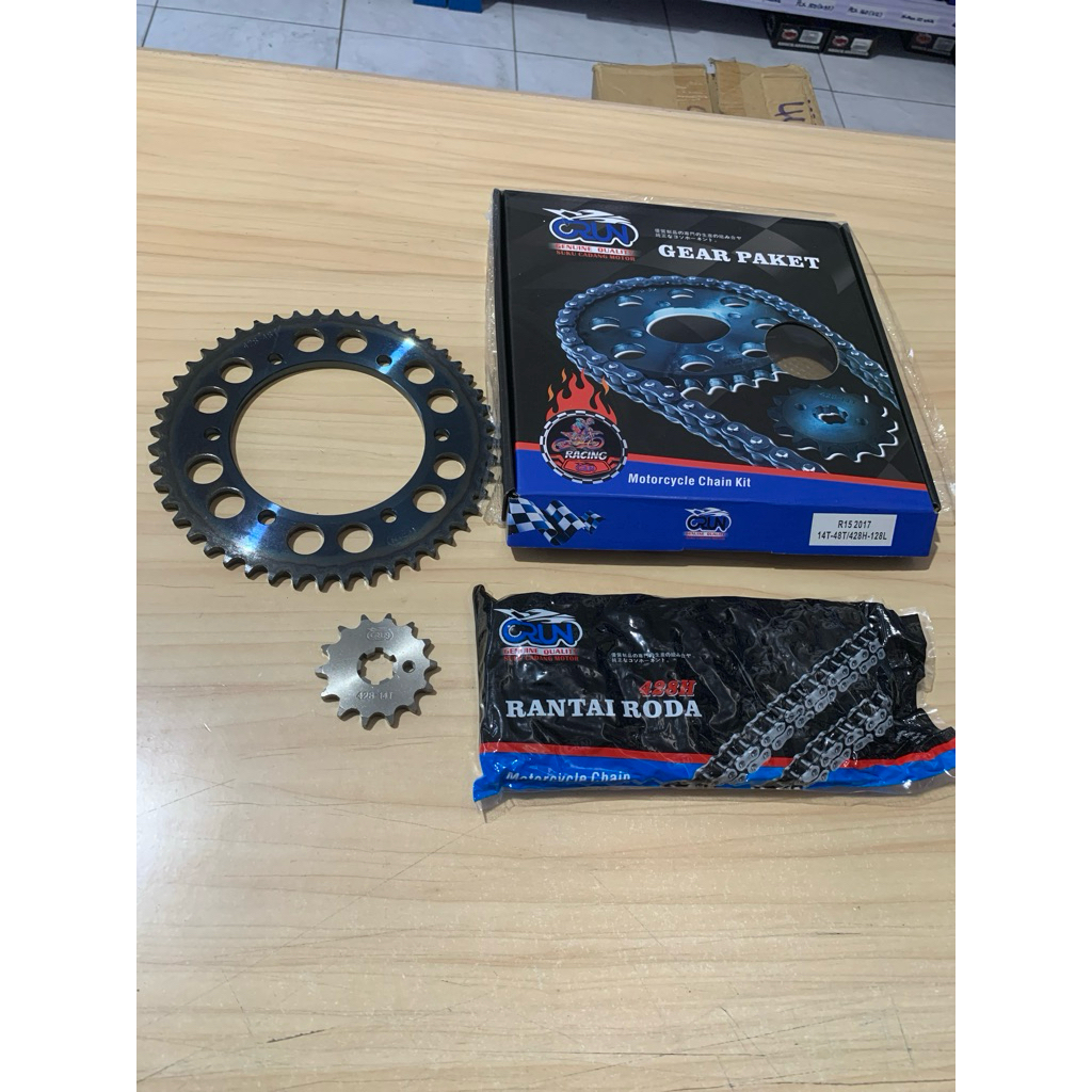Crun GearSet RACING R15 New 2017 BK6 / Gear Gir Set Paket R 15 Baru V3 V4 14T-48T 428-128L / Vixion 