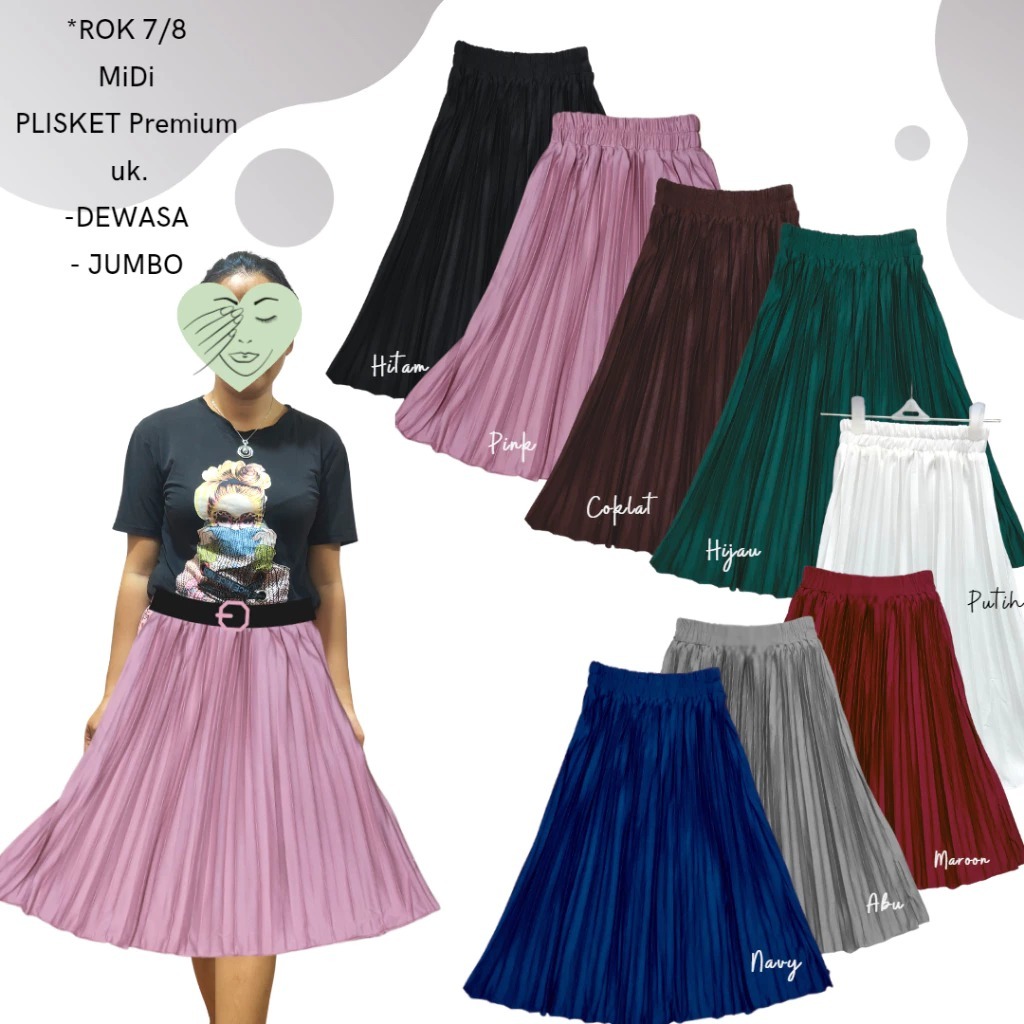 ROK 7/8 MIDI BIG SIZE - ROK PENDEK Plisket Payung - Dewasa JUMBO Motif Lily Aqila dan Polos ROK KORE