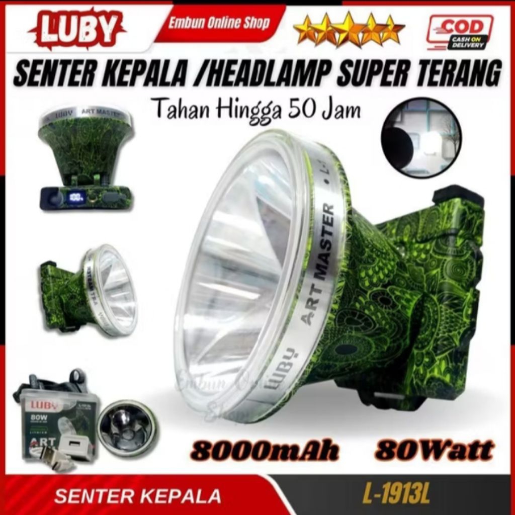 senter kepala luby l-1913 cahaya putih 80watt senter kepala waterproof 8000mah tahan 50jam