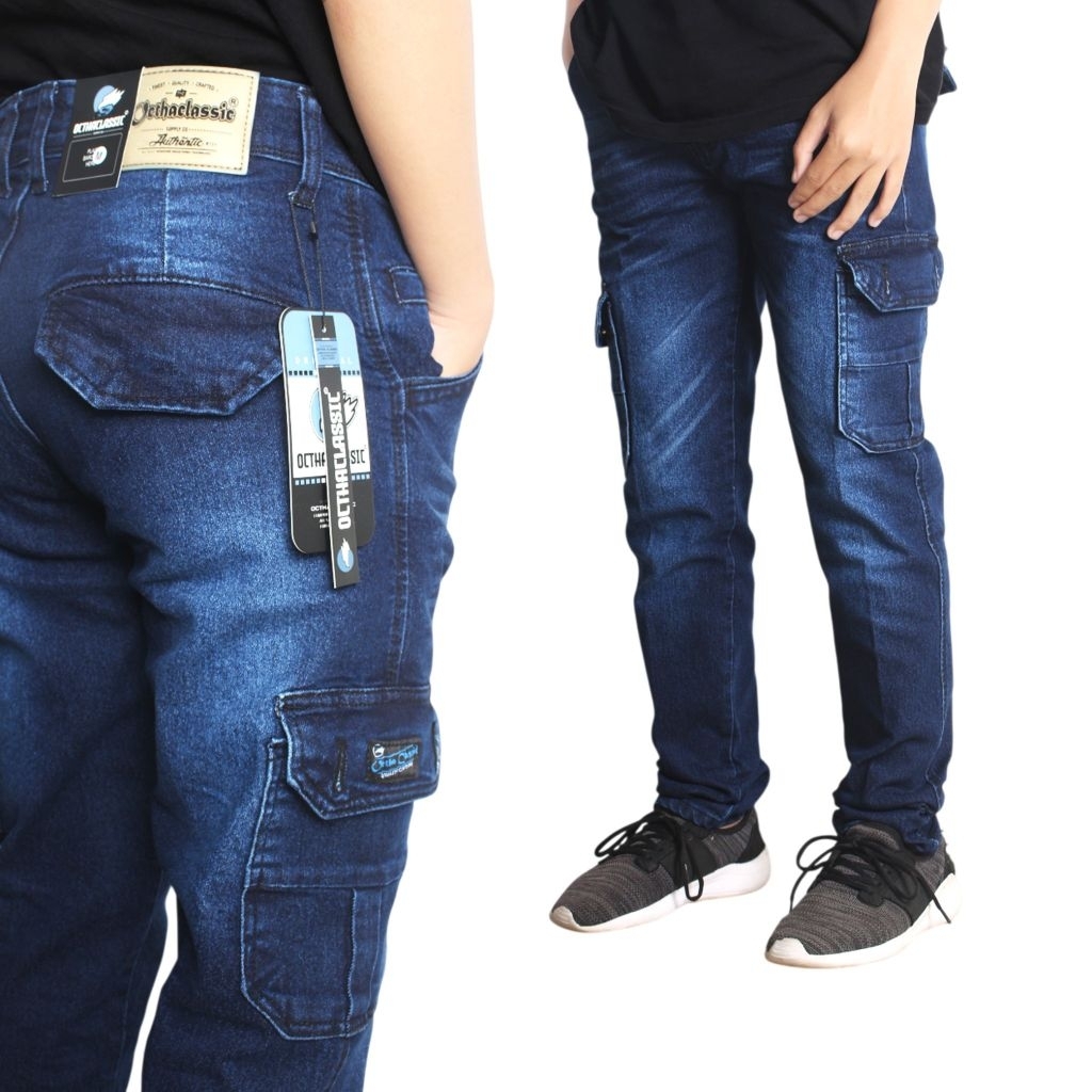 Celana cargo jeans pria blue Whisker denim Stretch octha / Jeans cargo biowash denim pria Stretch wa