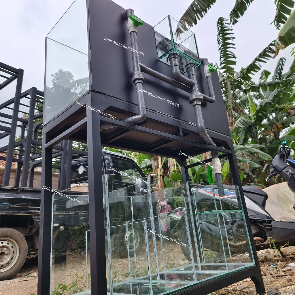 aquarium 100x40x50 10mm Rimless overflow box belakang skimer set sump filter