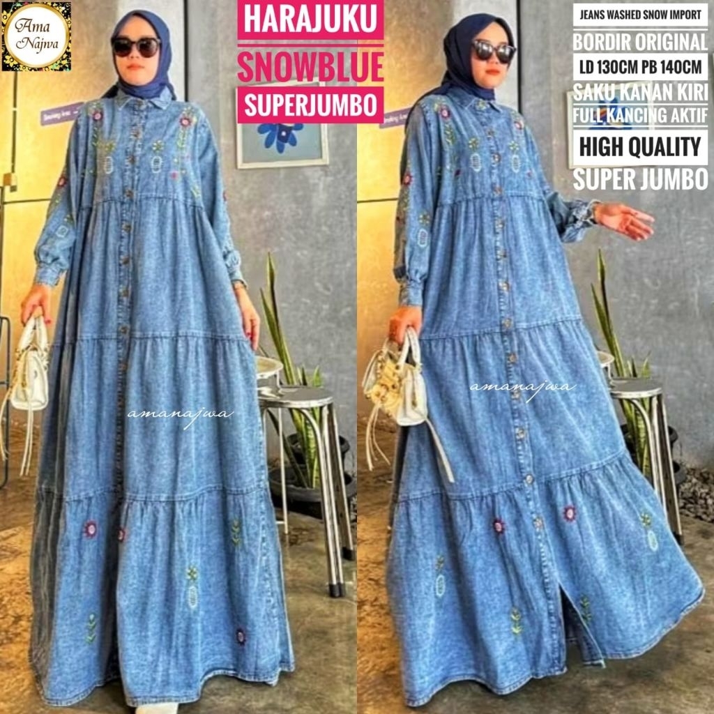 LD 130 Baju Gamis Jeans Snow Import Bordir Original HARAJUKU SNOWBLUE SUPER JUMBO
