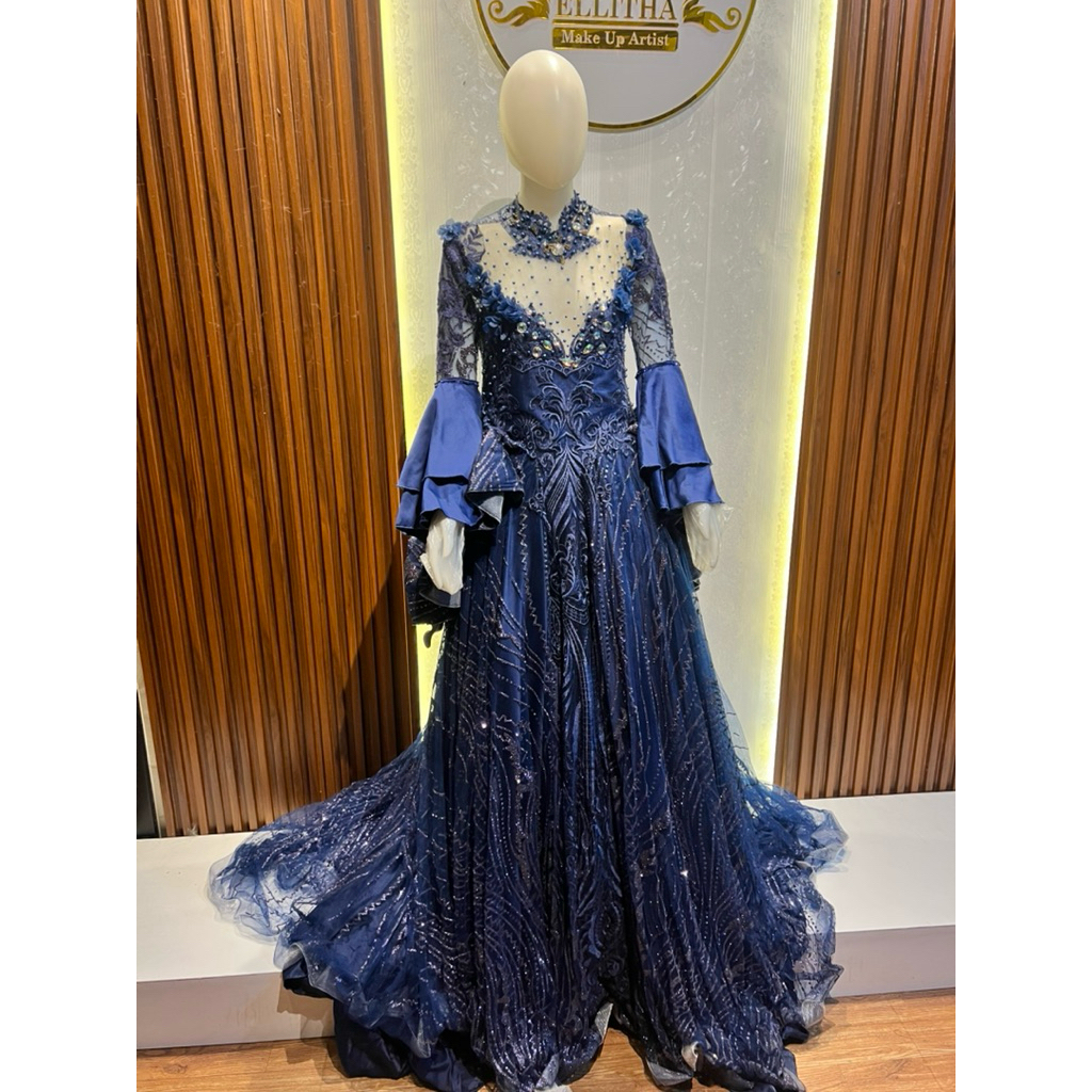 preloved ball gown navy lengan lonceng