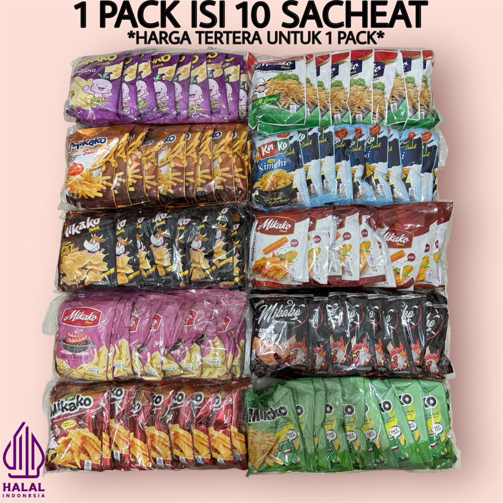 

MIKAKO SNACK RASA AYAM GEPREK / AYAM BAWANG / KIMCHI / SOSIS BAKAR / SPICY SMOKED BEEF / MIE GORENG / SAMBAL BALADO / RUMPUT LAUT ISI 10 SACHEAT