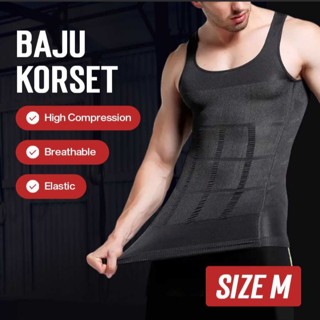 Kaos Pria Baju Dalam T-Shirt Korset Bentuk Tubuh Badan Perut Dada Punggung Pria Olahraga Gym Fitness