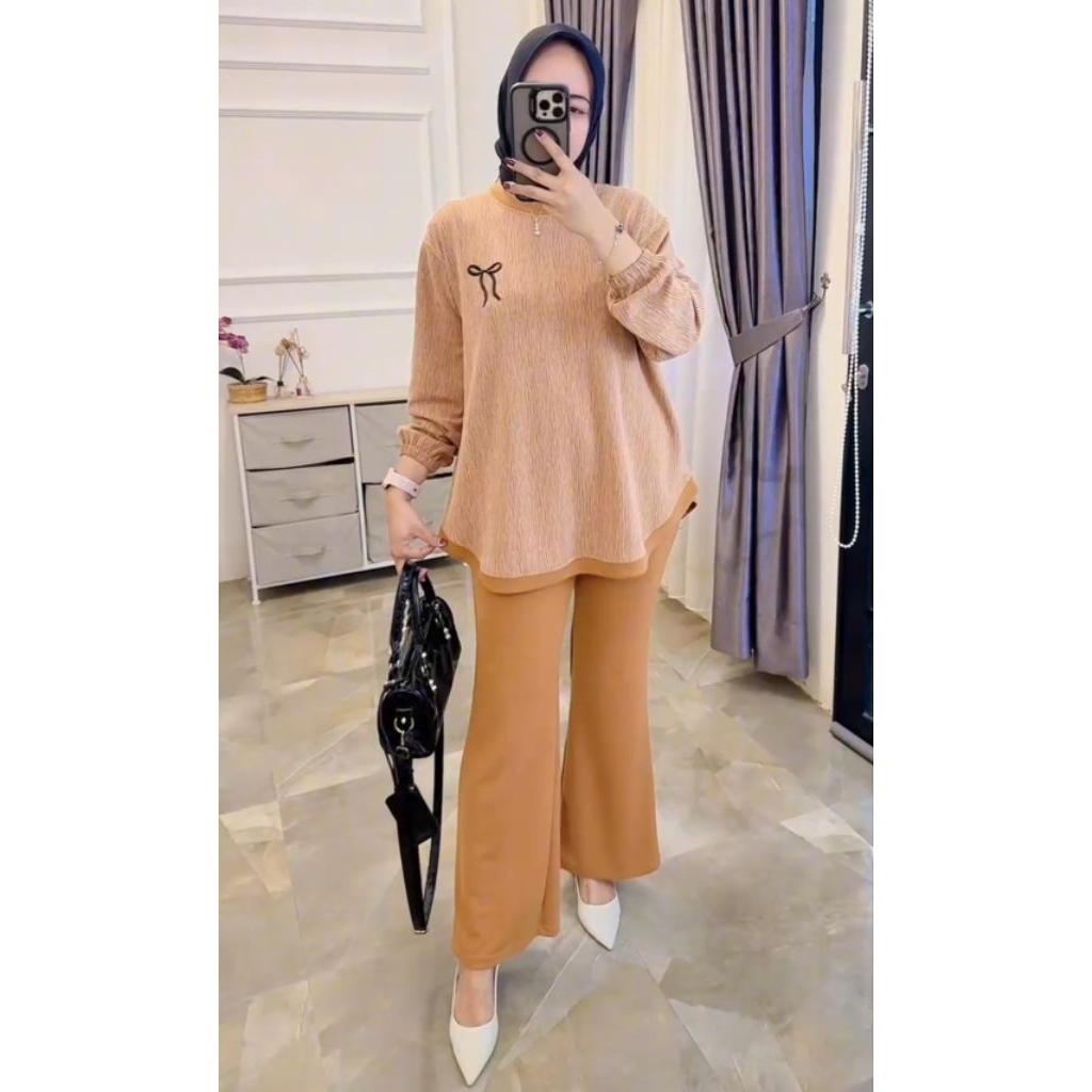 arshila setcel atasan bordir pita kaos knit rajut import cantik kekinian