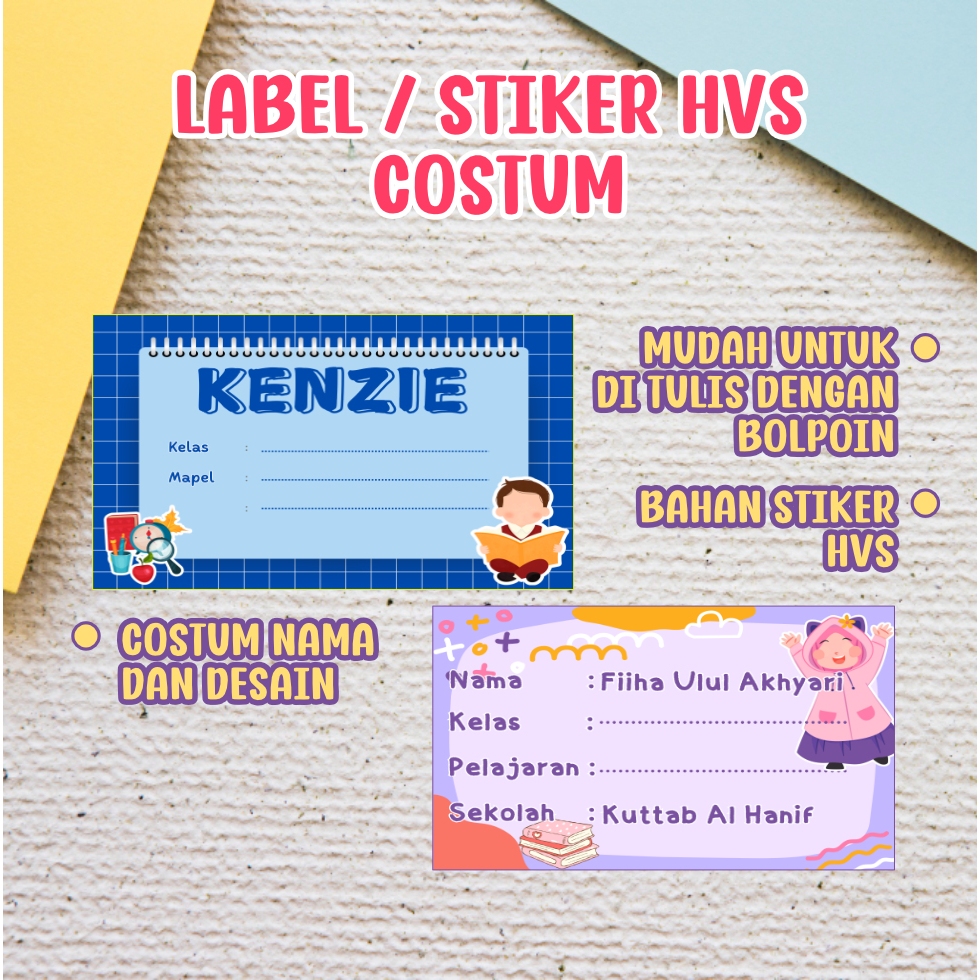 

Stiker Label Nama Anak Sekolah – Desain Lucu Bahan HVS | Label Buku & Alat Tulis Custom