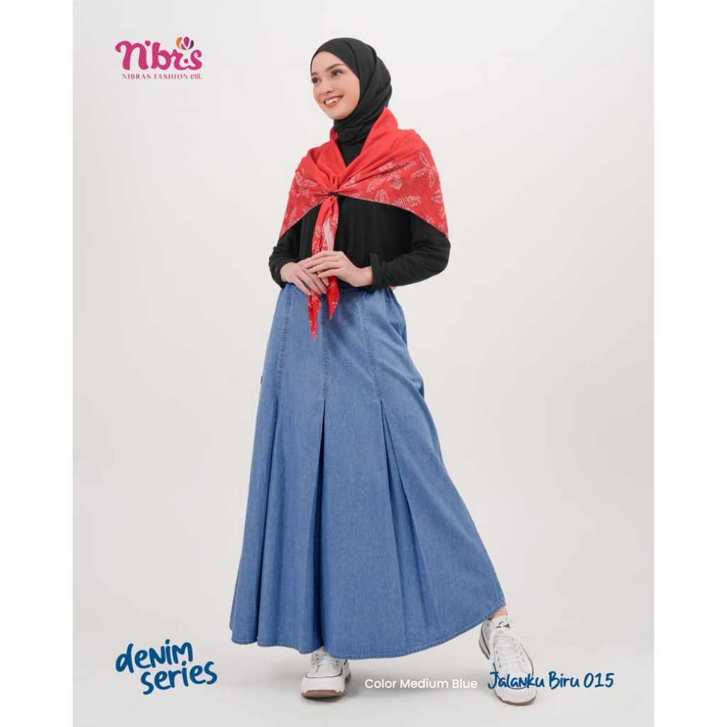 Nibras - Rok Skirt Series Jeans Denim Panjang Longgar Casual Informal Jalanku Biru 015