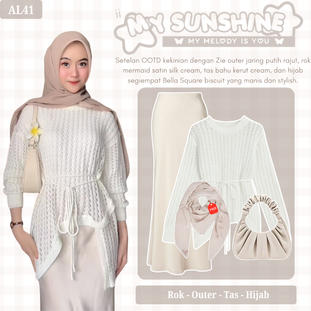 Outfit Remaja Kekinian | Blouse, Rok, Tas, Hijab Bella Square |  Setelan Wanita Ke Kondangan | AL41