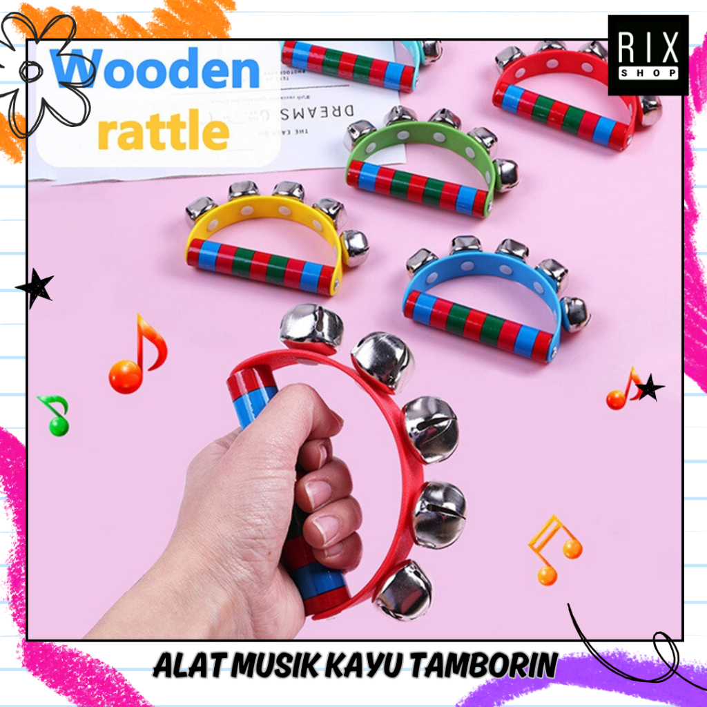 RIX Mainan Alat Musik Kayu Tamborin Kerincingan Bayi - Mini Tamborine Wooden Rattle Baby Bells