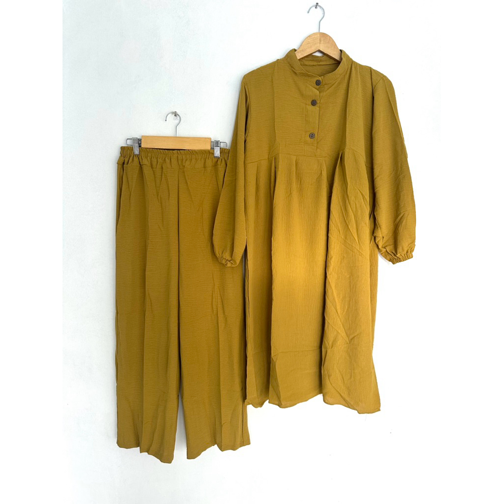 one set wanita long tunik qringkel kancing polos premium