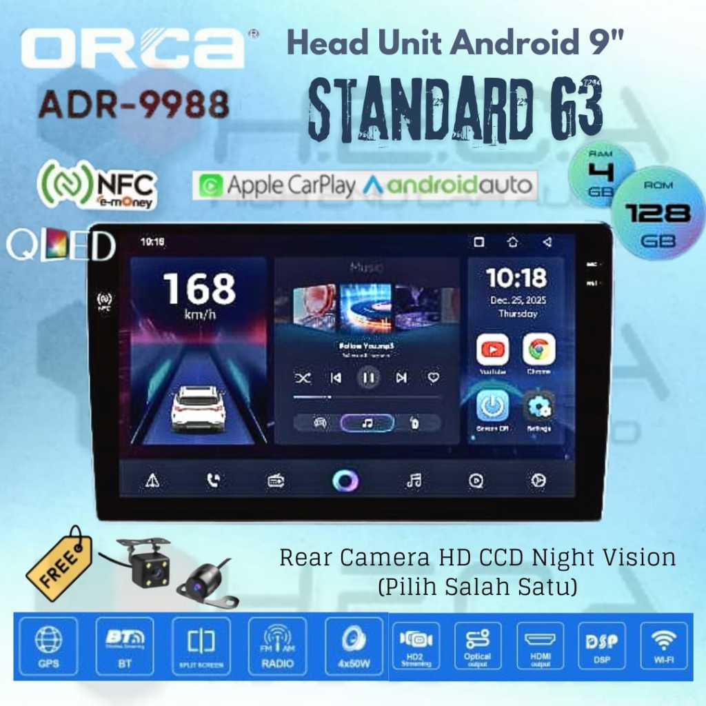ORCA Standard G3 4/128 GB 9 inch Android NFC QLED ADR-9988 Head Unit Mobil 9" Tape TV + Kamera Parki