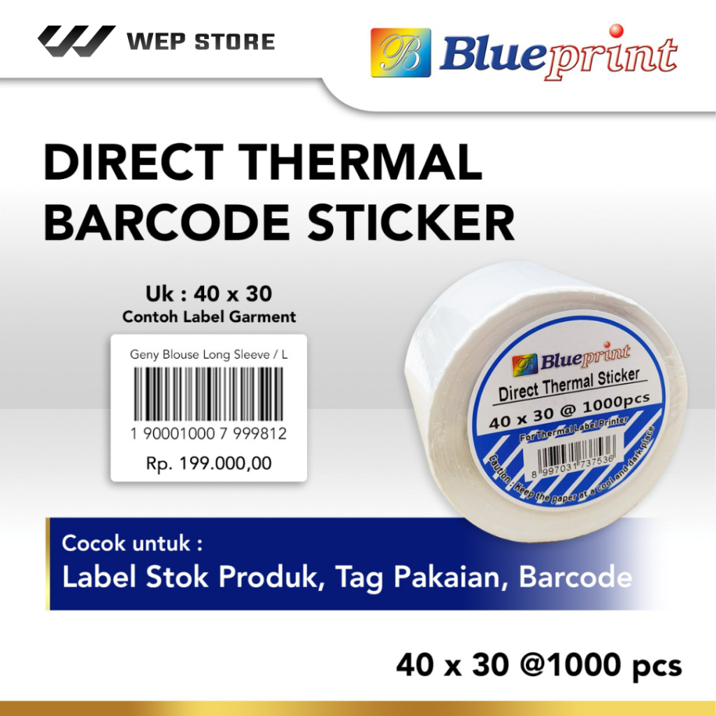 

Blueprint Direct Thermal Sticker 40 x 30 mm Stiker Label 40x30 DTS Barcode Harga