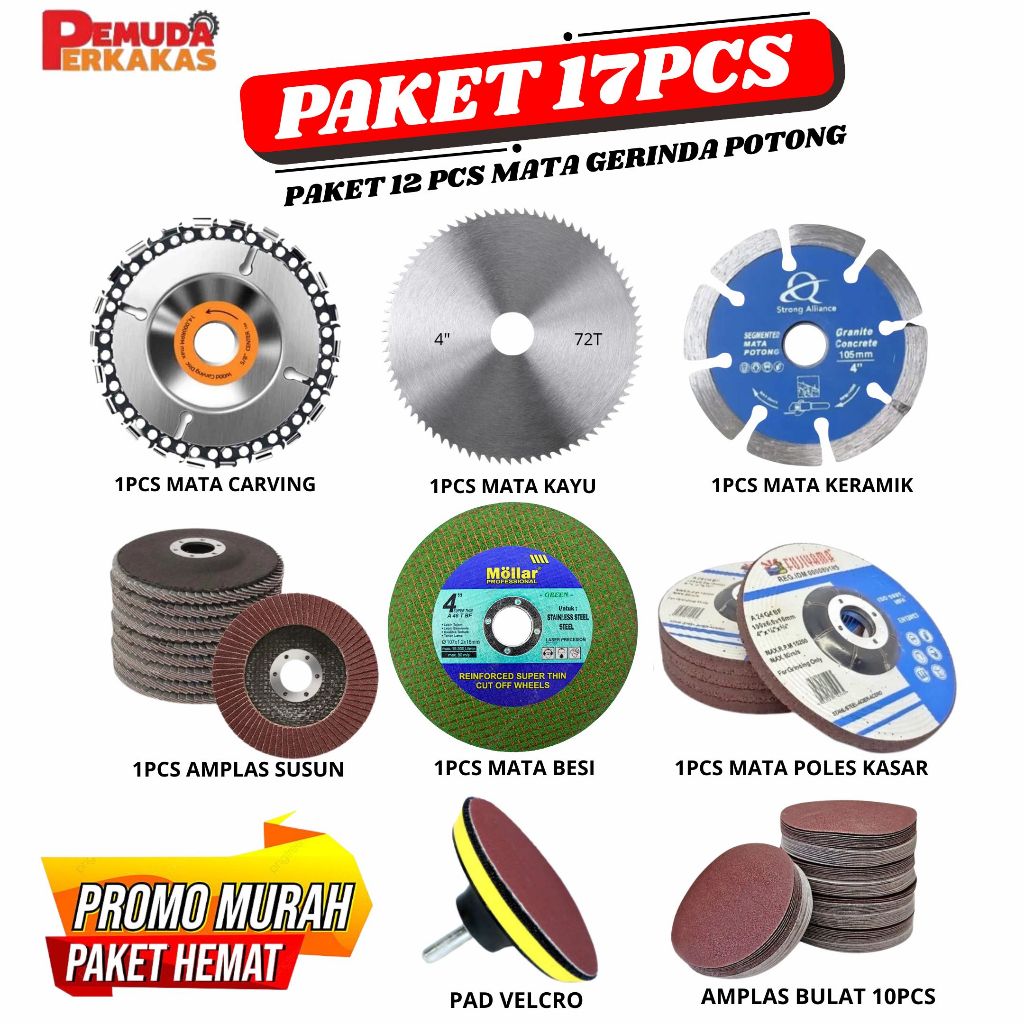 PAKET 17Pcs Mata Gerinda Pisau Potong Poles Amplas Besi Kayu Keramik 4" - Mata Pisau Gerinda Potong 