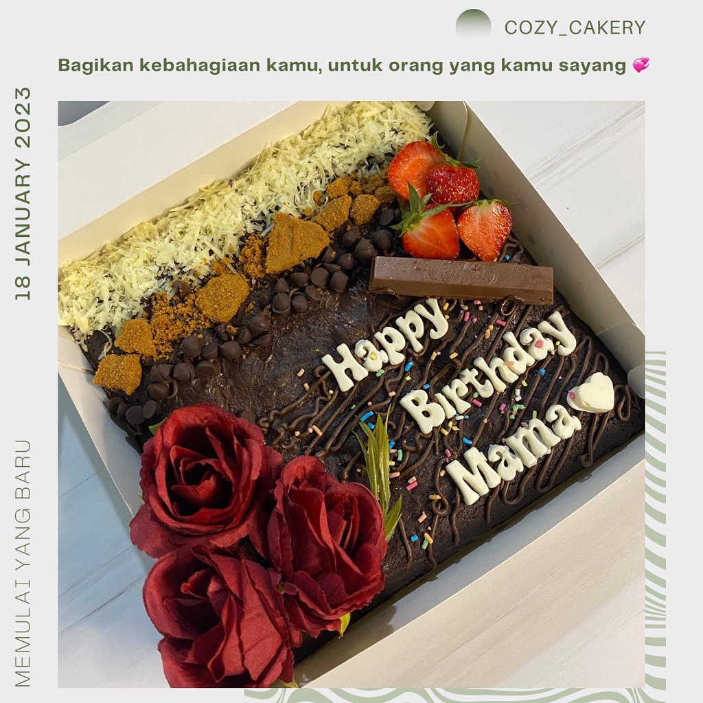 

Brownies kue ulang tahun cozy cakery cokelat kitkat stroberry keju almond bunga mawar