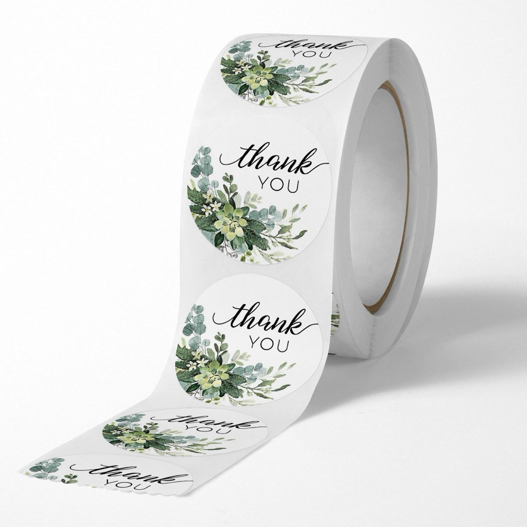 

500 PCS Sticker Gulung Tulisan Terima Kasih | Sticker Roll THANK YOU Green Flower