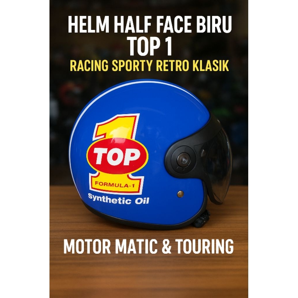 Helm Half Face Biru TOP 1 Racing Sporty Retro Klasik Motor Matic & Touring
