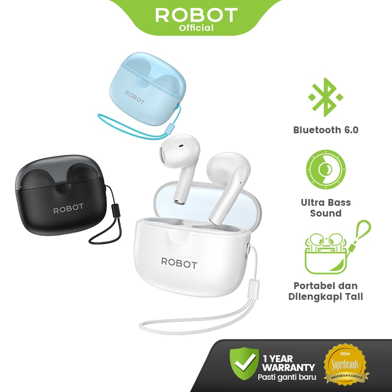 ROBOT TWS Wireless Earphone Bluetooth 6.0 Earphone Wireless Casing Transparan Ultra Bass  Enco Buds 