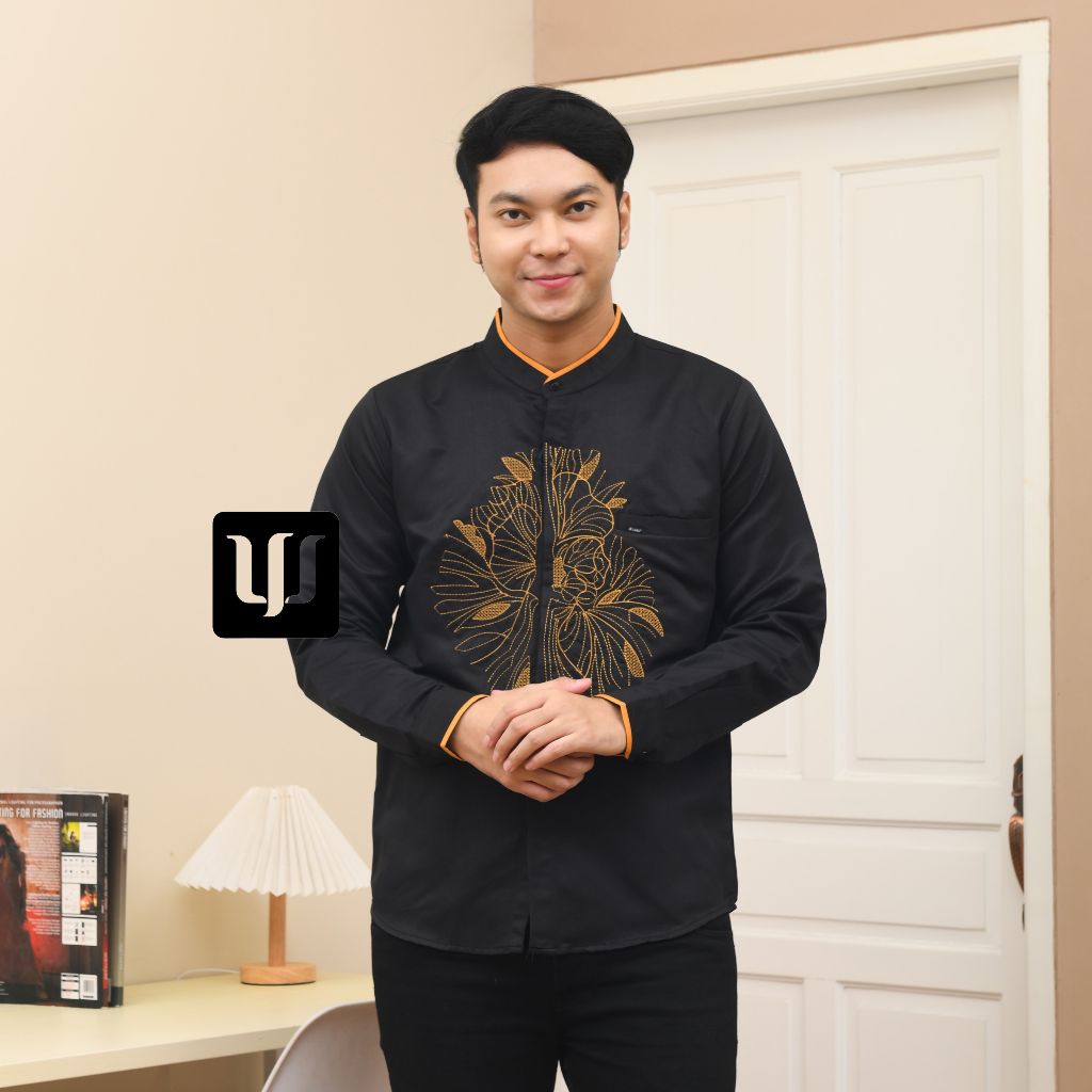 Koko kurta KHALFAN HITAM gold lengan panjang pendek bordir kombinasi katun toyobo