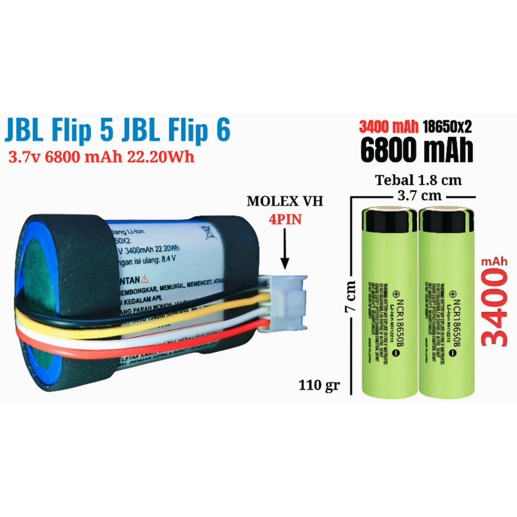 Kiyoshop12 Battery Jbl Flip 5 Jbl Flip 6 Jbl 6800 Mah 3.7V 1S 2P 15A