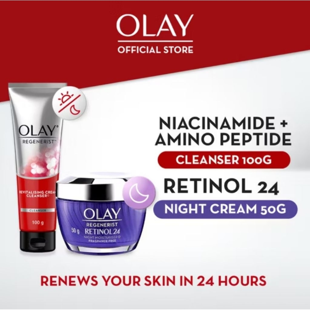 Paket OLAY REG. RETINOL24 NIGHT CREAM 50GR & REG. CREAM CLEANSER 100GR
