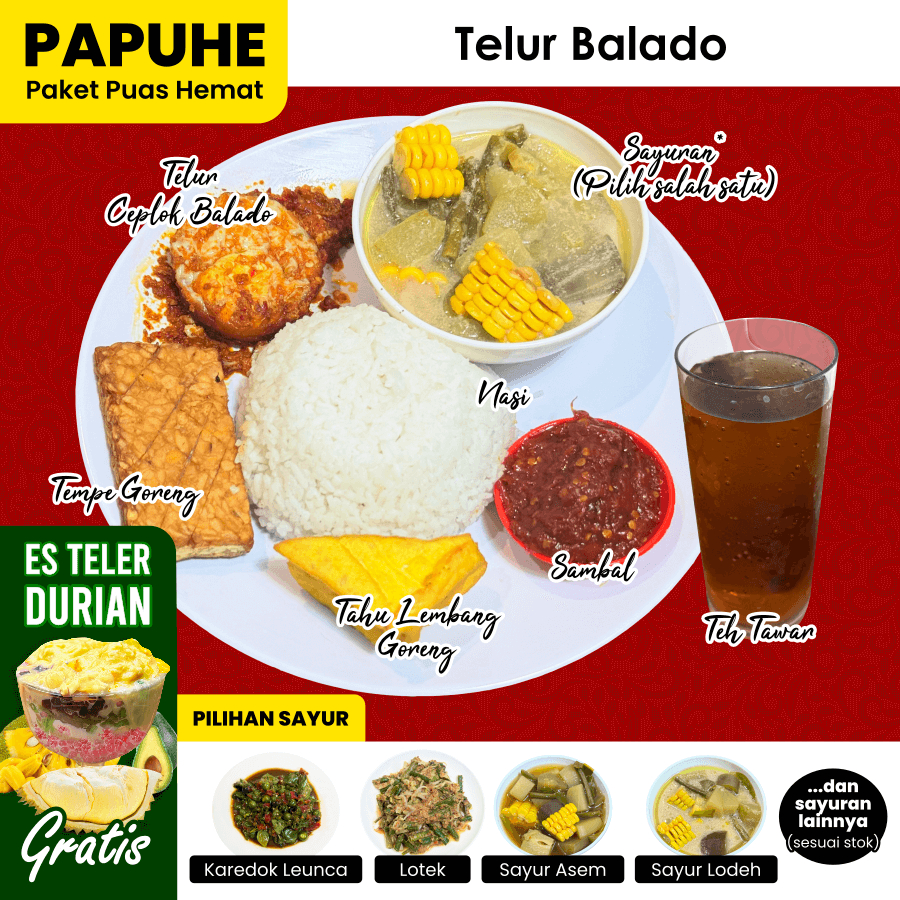 

PAPUHE Telur Balado Paket Puas Hemat Nasi Ayam Tahu Tempe Sayur Sambal Lalapan Teh | Paket Nasi Asih Sadulur