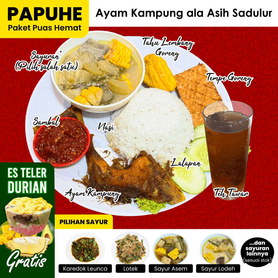 

PAPUHE Ayam Kampung Paket Puas Hemat Nasi Ayam Tahu Tempe Sayur Sambal Lalapan Teh | Paket Nasi Asih Sadulur