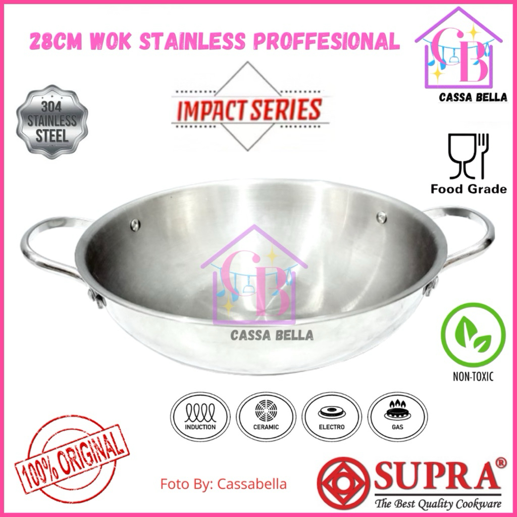 SUPRA Deep Wok 28 CM Stainless Steel Proffesional SUS 304 / Wajan Stainless Impact Buttom / Supra Wo