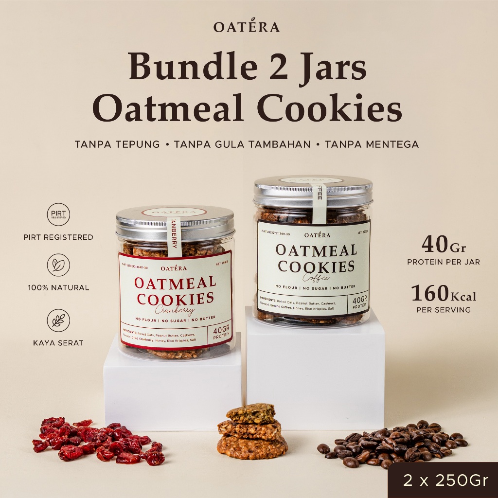 

Oatera Premium Oatmeal Cookies | Bundle 2 Jar (2x250gr) | Cookies Diet Tinggi Protein | Tanpa Tepung, Gula, atau Mentega