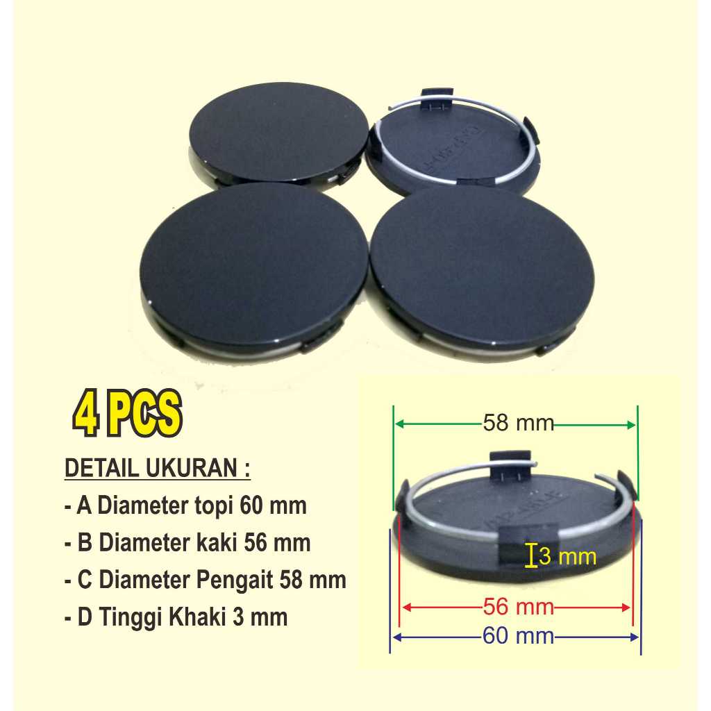 4 BUAH TUTUP AS RODA BAN MOBIL DOP CENTER VELG 6 CM POLOS DATAR SLIM