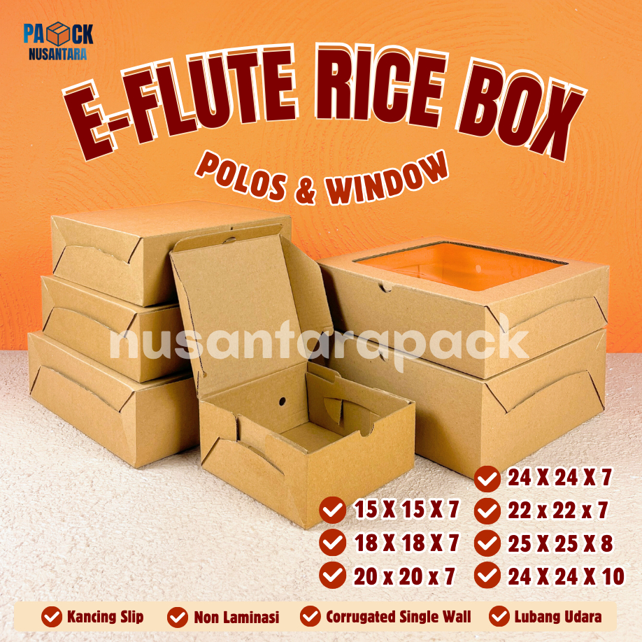 

E-flute Rice Box Polos Window Tutup Sambung Kotak Packaging Makanan Kue Hampers 15 18 20 22 24 25 cm