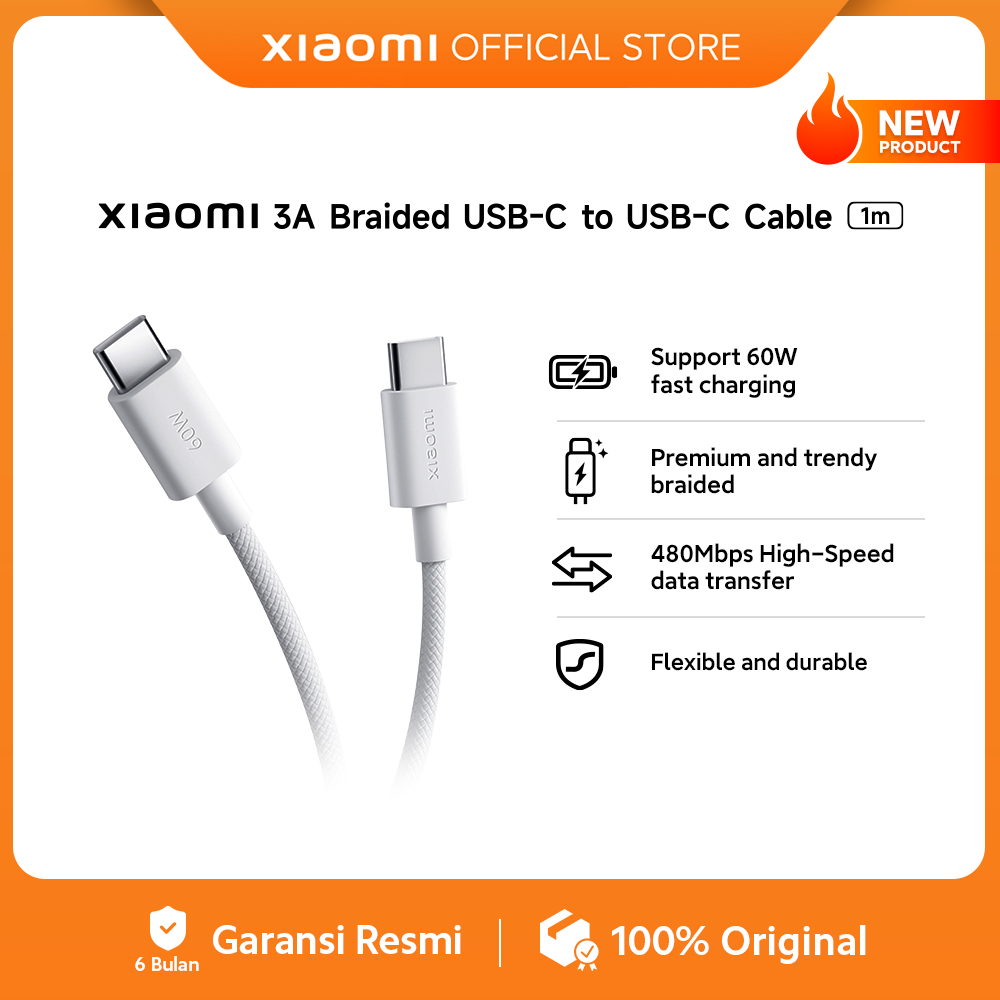 Xiaomi 3A Braided USB-C to USB-C Cable (1m) | Support 60W fast charging | Premium and trendy braided | 480Mbps High-Speed data transfer | Flexible and durable [Official Store]