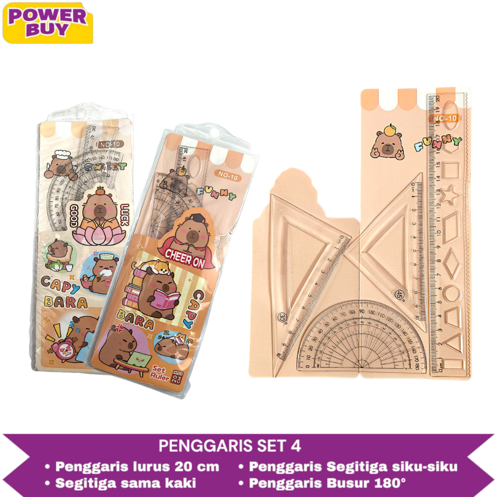 

Set Penggaris 4 in 1 CAPYBARA - Busur 180°, Segitiga Siku-Siku, Segitiga Sama Kaki, Penggaris Lurus 20cm