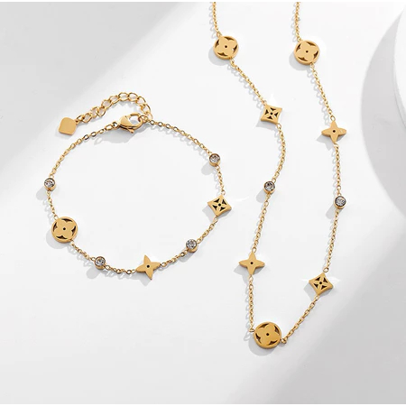Emilly - Set Perhiasan Titanium Kalung & Gelang Elvi Collection Fashion Wanita Gold 24k LV Anti Kara