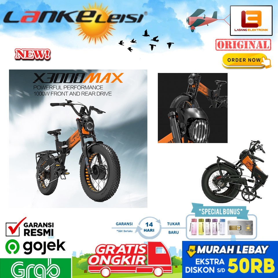 Lankeleisi Sepeda Listrik Lipat Fat Bike 20 Inch Dual Motor 48V 20Ah - X3000 MAX - Black/Gray