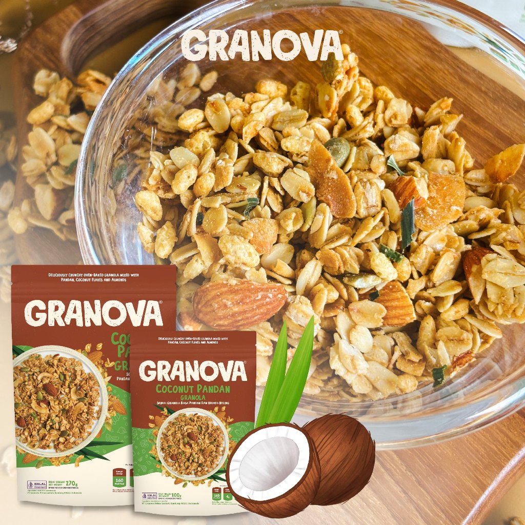 

Granova - Granola Coconut Pandan (Gula Aren & Almond) 100gr / 270gr - Sereal, Sarapan Sehat, Halal
