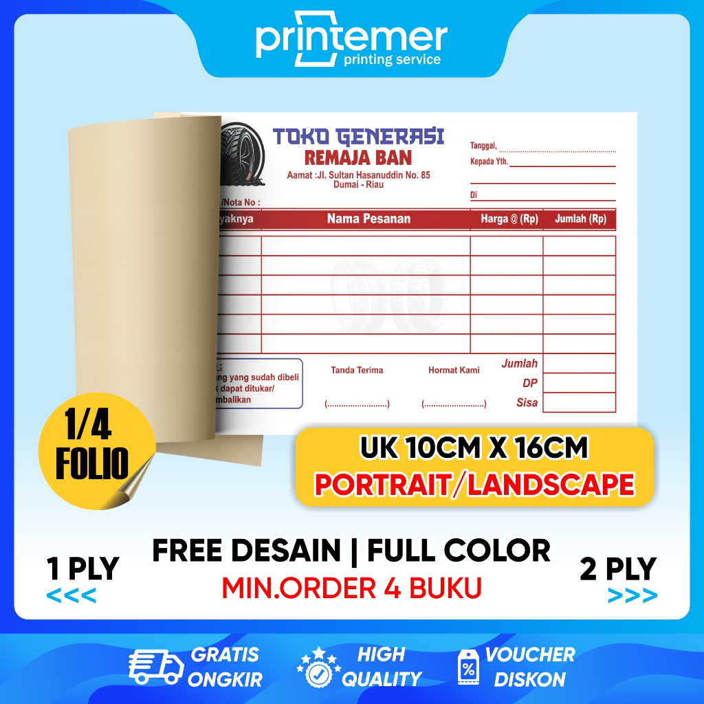 

Nota Toko Ban/Bengkel Custom Ukuran Standar 1/4 Folio 1 Ply dan 2 Ply