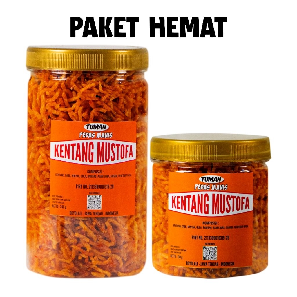 

Cemilan Kentang Mustofa Tuman Paket Murah 2 Toples Kemasan 250gram dan 130gram Pedas