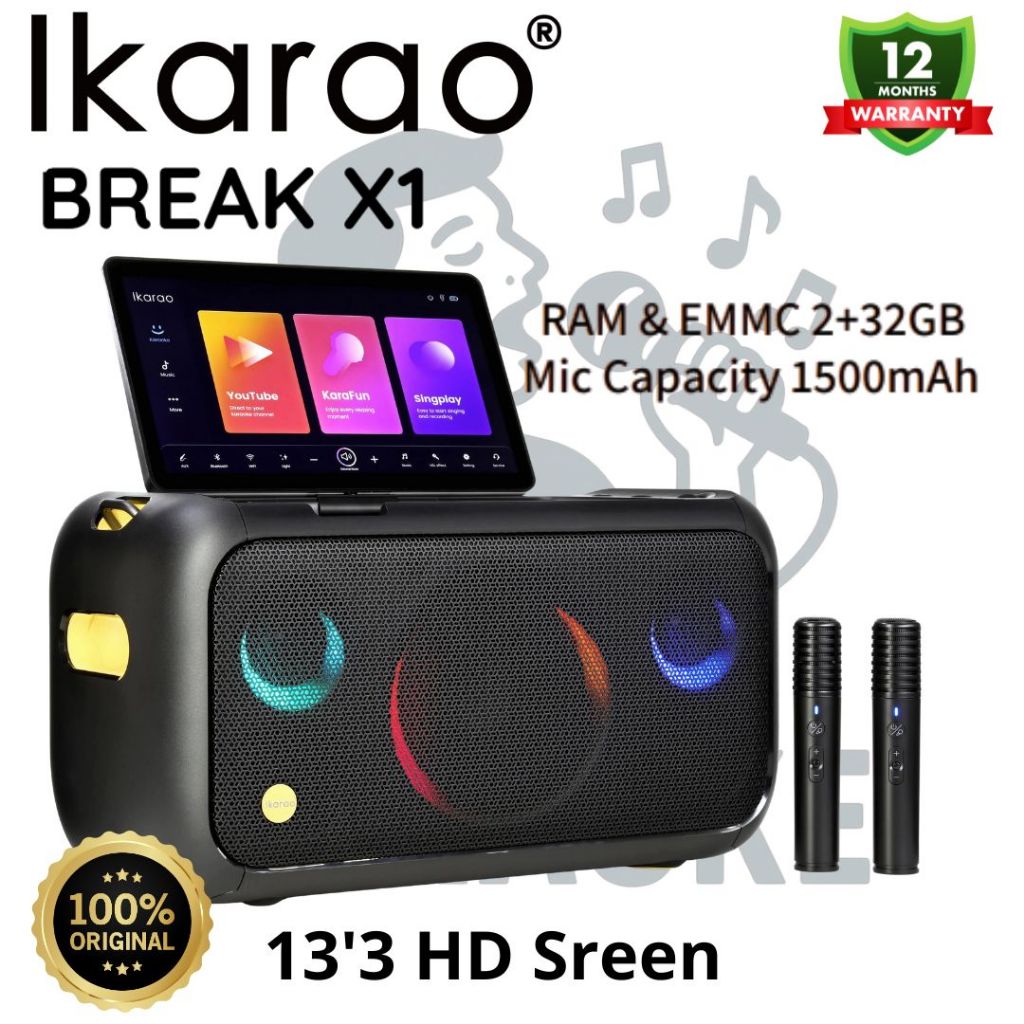 IKARAO Break X1 Smart Karaoke Machine 13.3" Inch Screen with 2 Mic Speaker