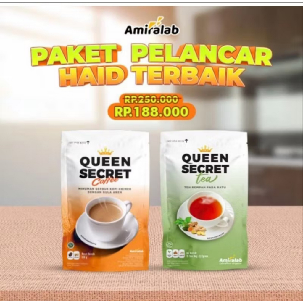 

PROMO PAKET HEMAT AMIRALAB QUEEN SECRET COFFEE DAN QUEEN SECRET TEA ORIGINAL 100 GRAM HALAL BPOM